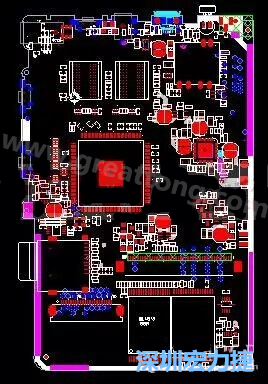 上圖是一個開發板的PCB，從布局中可以看出各個接口電路分離很明確，SDRAM和DDR以及SD卡接口電路等走線不會造成相互的干擾。-深圳宏力捷