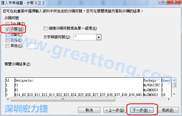 新增一個新的Excel文檔，[資料]匯入[從文字檔]，然后選擇剛產(chǎn)生的BOM (.csv)檔案，并以"分號"作為分隔符號。